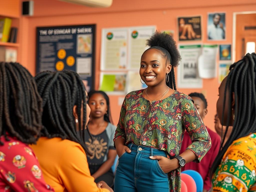 A dynamic young woman confidently engaging with a group of