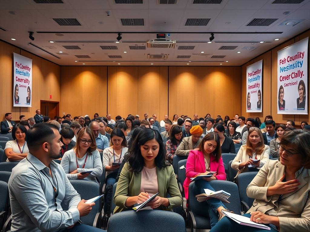 A seminar hall filled with engaged participants listening to a