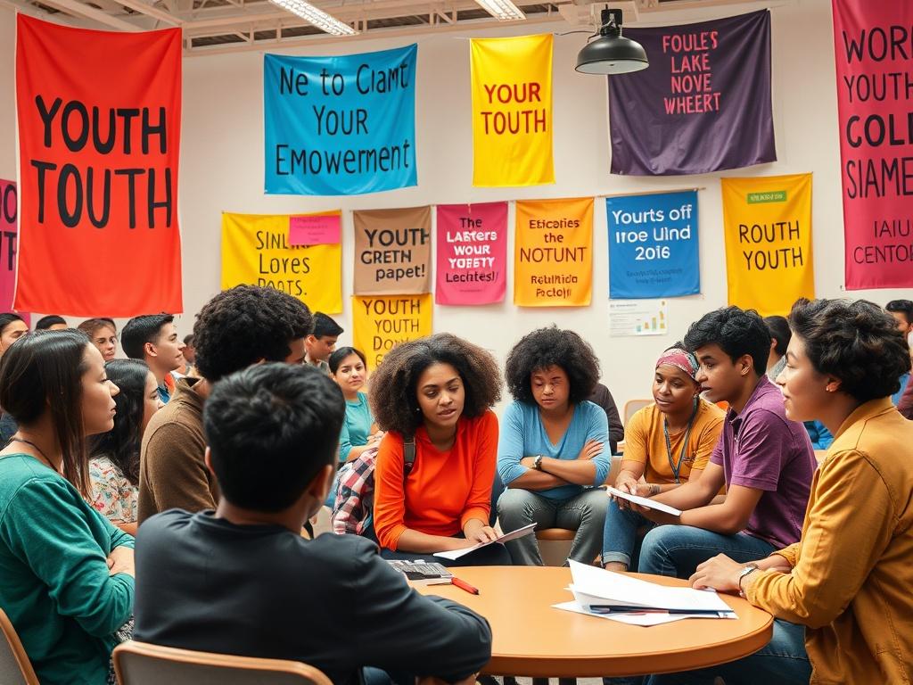 A vibrant workshop setting with diverse youth engaged in a