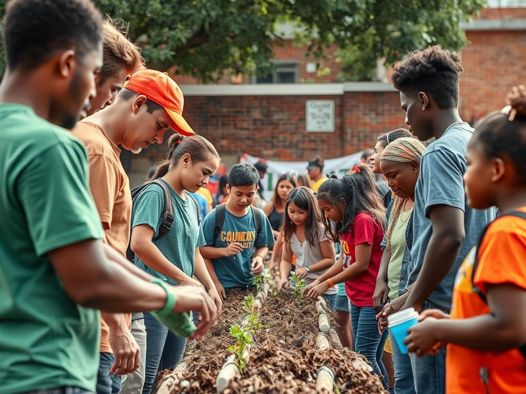 A community event with youth volunteering and collaborating with local