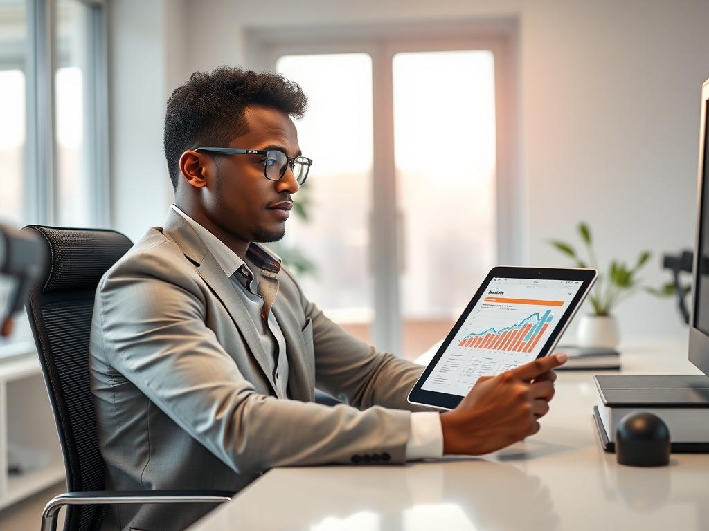 Create a hyper-realistic high-resolution photo of a confident, professional regulatory compliance consultant sitting at a modern, sleek desk in a well-lit, contemporary office environment. The consultant, an individual in their 30s of mixed ethnicity, should be portrayed deep in thought, examining a tablet displaying charts and regulatory frameworks related to Web3 technologies. 

The composition should focus entirely on the consultant as the sole subject, with a clean background that features subtle hints of technology—such as a blurred computer screen, legal books, and a plant—contributing to a professional atmosphere without distraction. 

Ensure the lighting is soft yet bright, casting gentle shadows that give depth to the scene while maintaining clarity on the consultant's engaged expression. The color palette should incorporate tones that harmonize with rgb(193, 153, 87), creating a warm and inviting environment.

Overall, the image should encapsulate the essence of navigating regulatory compliance in Web3, portraying the consultant as knowledgeable and approachable amidst a refined, tech-savvy setting.