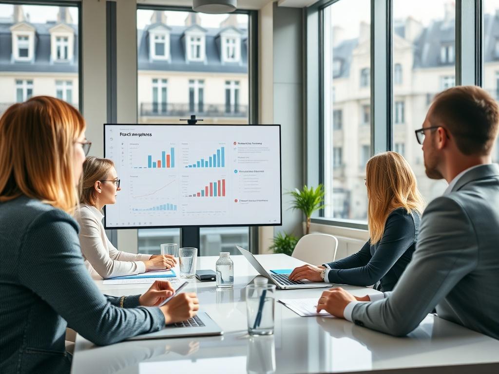 A realistic high-resolution photo of a blonde woman leading a risk management meeting in a modern office in Paris. The setting is bright and professional, showcasing a conference table surrounded by colleagues engaged in discussion. The woman is confidently presenting data on a screen, with charts and graphs visible. The background features Parisian architecture through large windows. The overall composition is clear, focusing on the woman and her colleagues, highlighting teamwork and professionalism.