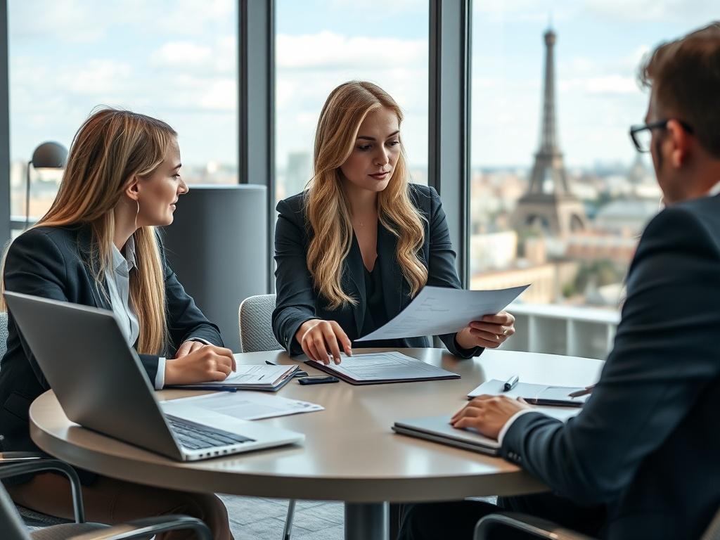 A high-resolution photo of a blonde woman in a professional setting, engaged in a risk management meeting with colleagues. The scene takes place in a modern office in Paris, showcasing a round table with documents and laptops. The blonde woman is actively discussing, pointing at a document, while her colleagues listen attentively. The background includes large windows with a view of the Paris skyline, creating a vibrant and dynamic atmosphere.