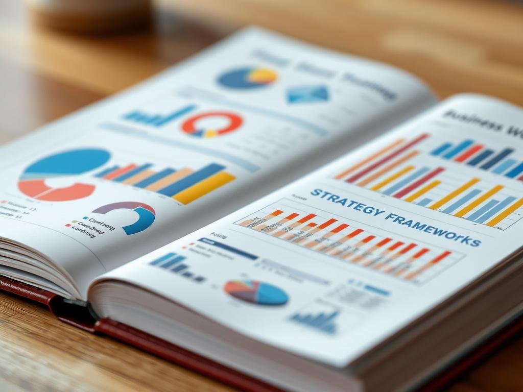 A hyper-realistic close-up image of an open business strategy workbook, featuring colorful graphs and strategy frameworks. The background should be softly blurred to emphasize the workbook's pages, shot with a 45mm f/1.2 lens.