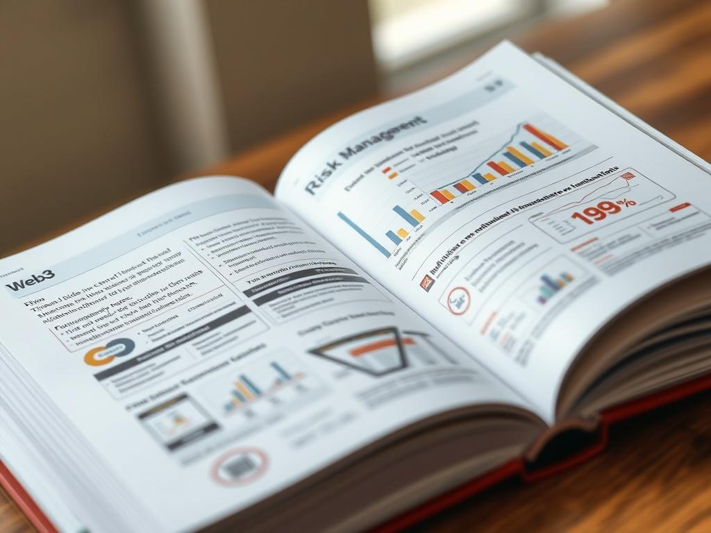 A hyper-realistic close-up image of a detailed, open guidebook on risk management, featuring charts and diagrams related to Web3 and cryptocurrency. The background should be softly blurred to highlight the book's pages and illustrations, shot with a 45mm f/1.2 lens.