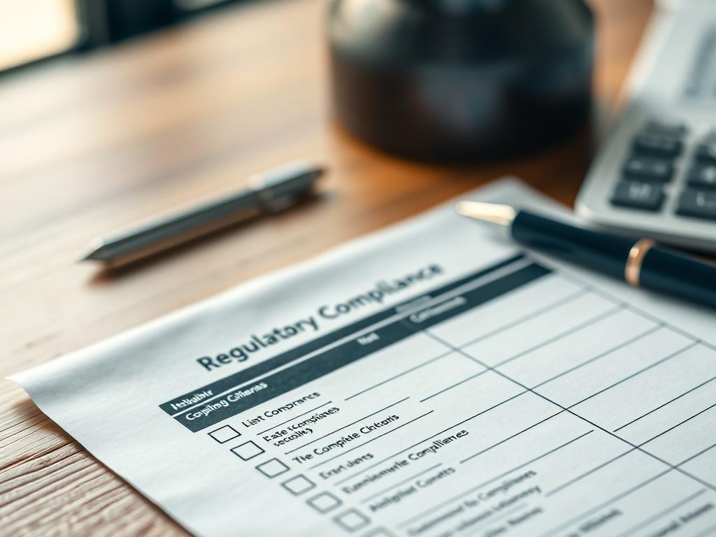 A hyper-realistic close-up image of a regulatory compliance checklist on a wooden desk, with a pen placed next to it. The checklist features various compliance criteria for cryptocurrencies. The background should be softly blurred to focus on the checklist, shot with a 45mm f/1.2 lens.