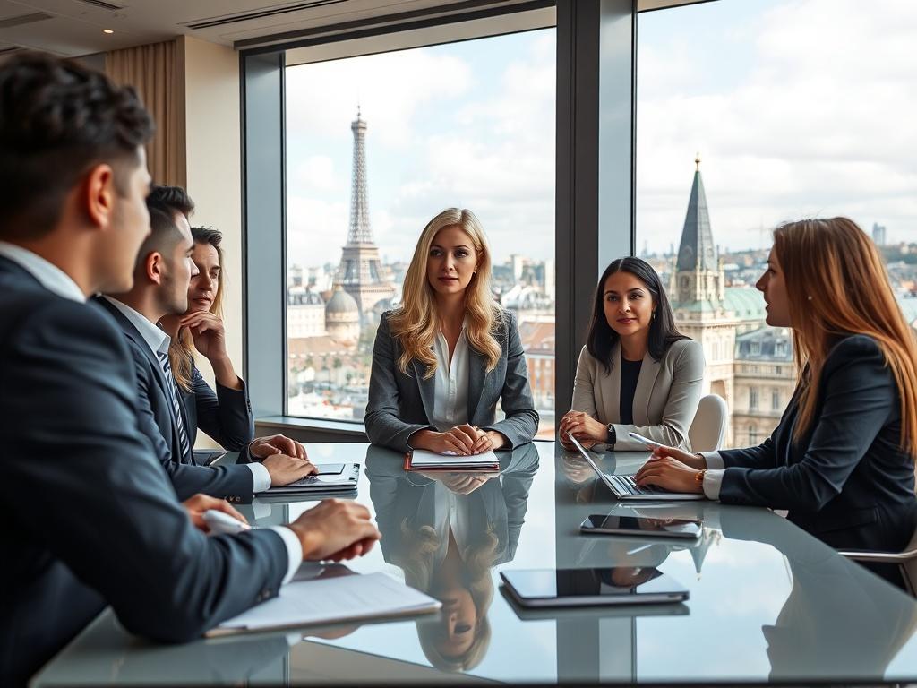 A professional corporate meeting scene in an elegant Paris office. A confident blonde woman is leading a discussion with a small group of diverse professionals seated around a modern conference table. The background features large windows with a view of the Paris skyline, showcasing iconic landmarks. The atmosphere is collaborative and focused, with notepads and digital devices on the table, highlighting a dynamic business environment.