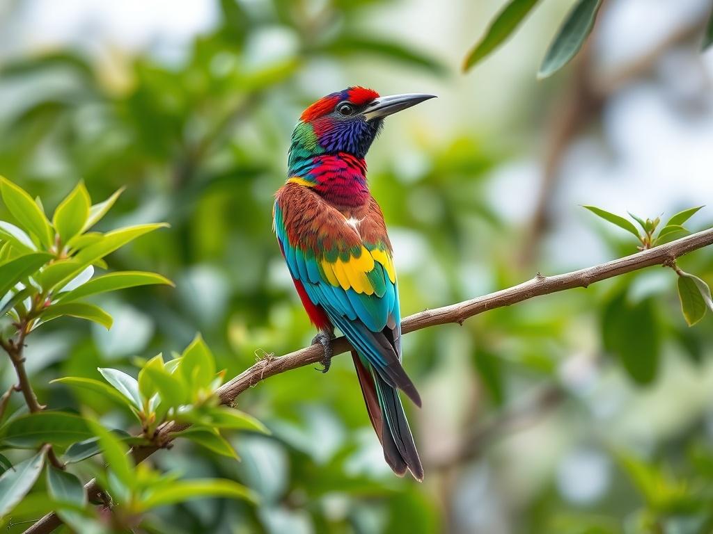 A serene photograph of a colorful bird perched on a