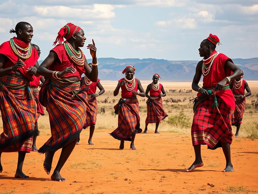 A lively photograph of a Maasai dance performance in the