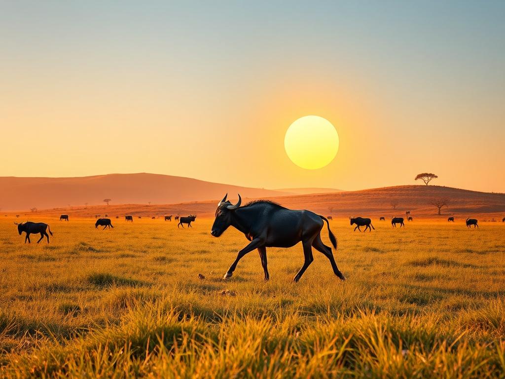 Create a realistic high-resolution photo depicting a single wildebeest mid-migration in the Maasai Mara, capturing the essence of the Great Migration. The subject should be the wildebeest in a dynamic pose, showcasing its muscular form as it gracefully strides across the grassy plains. The background should feature the iconic rolling hills of the Maasai Mara, dotted with sparse acacia trees under a vast blue sky, filled with the warm glow of the golden hour sun, casting long shadows on the ground. The compo