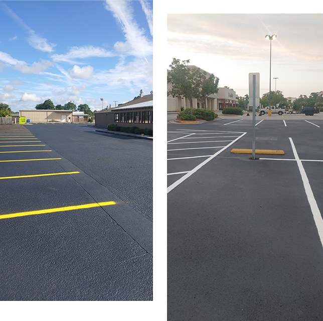 Two images showing newly-repaired parking lots.