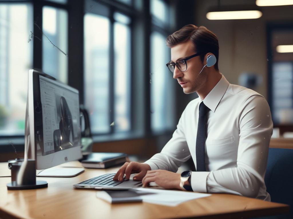 A hyper-realistic close-up shot of a confident business professional sitting at a sleek desk with a laptop open, showcasing an advertisement campaign on the screen. The background is softly blurred with subtle hints of greenery, emphasizing creativity and growth. The image should be captured using a 45mm f/1.2 lens style, ensuring a sharp focus on the subject's expression and the details of the laptop screen, with the overall color scheme harmonizing with rgb(50, 170, 39).