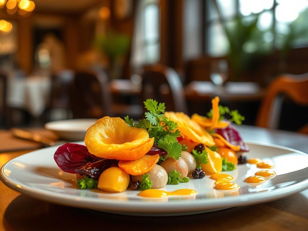 A close up shot of an elegantly plated gourmet dish,