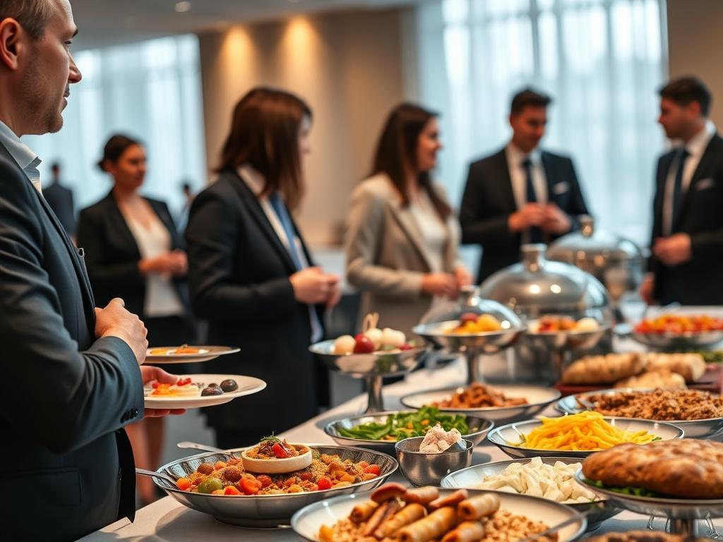 A corporate meeting setup with a buffet of gourmet food