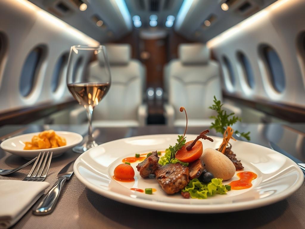 A beautifully plated gourmet meal served on a private jet