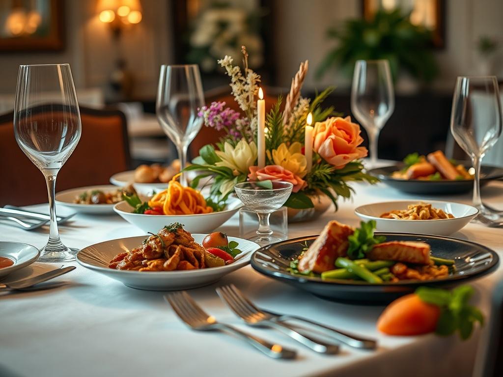 A beautifully arranged dining table with an elegant centerpiece, showcasing