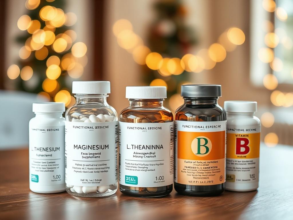 Create a realistic high-resolution photo featuring a single subject: a beautifully arranged array of five different supplements in clear, elegant bottles on a wooden table. Each bottle should represent one of the following functional medicine-approved supplements: Magnesium, L-Theanine, Ashwagandha, and B vitamins. The bottles should exhibit a minimalistic design with soft colors that evoke a sense of calm and wellness.

The background should be softly blurred to create a warm, inviting atmosphere, hinting 