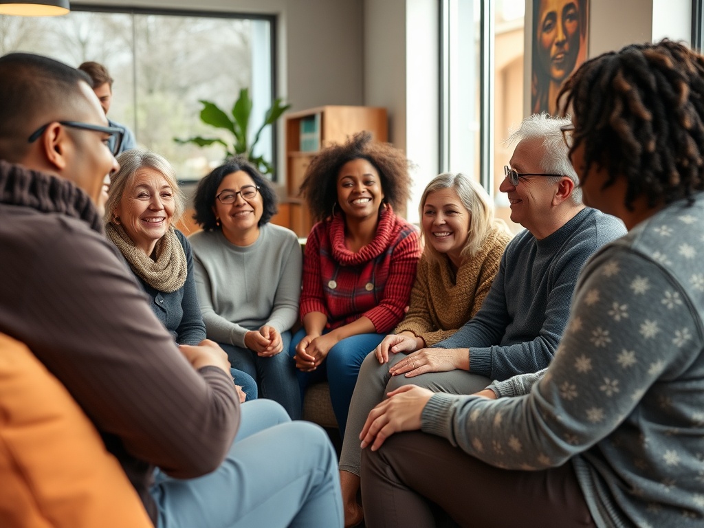 Community members interacting warmly in a supportive environment