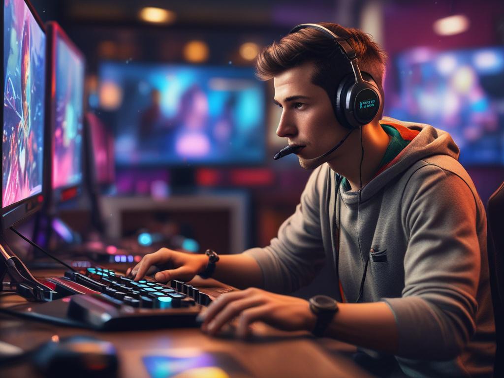 a focused esports player in action, wearing a headset and