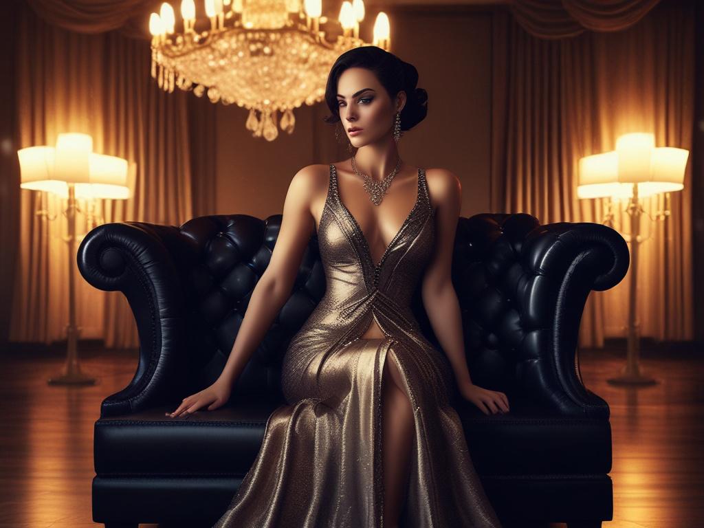 An exquisite female escort seated elegantly in a luxurious lounge,