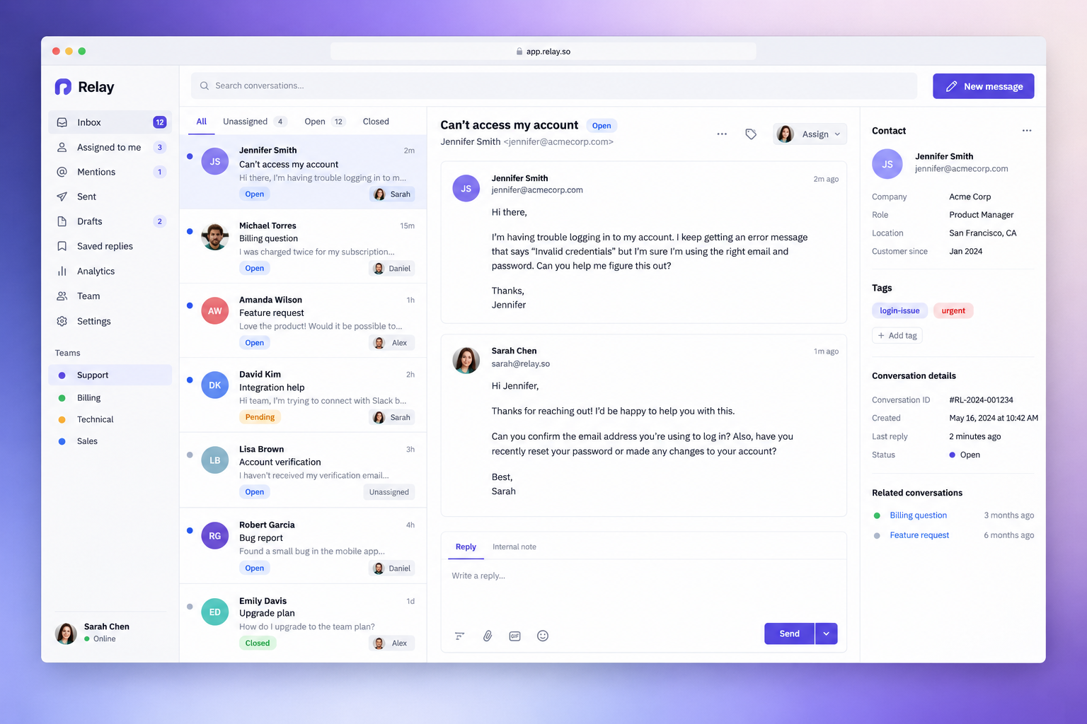 Relay shared inbox interface showing conversations being assigned to team members