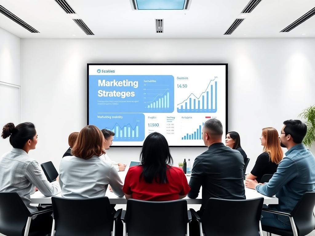 A professional meeting room with a large screen displaying marketing