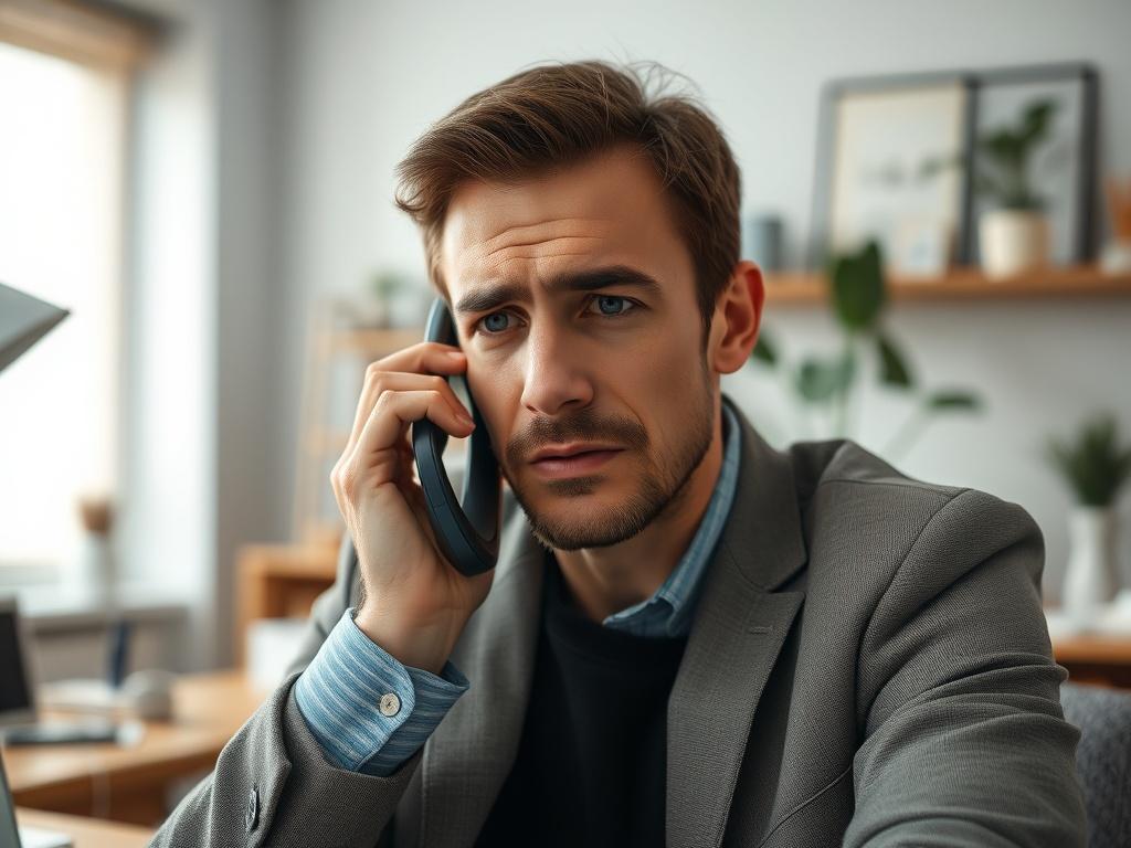 A close-up shot of a person on the phone, appearing to discuss a serious matter, with a concerned expression. The background should feature a home office setting, creating a hyper-realistic image, shot with a 45mm f/1.2 lens.