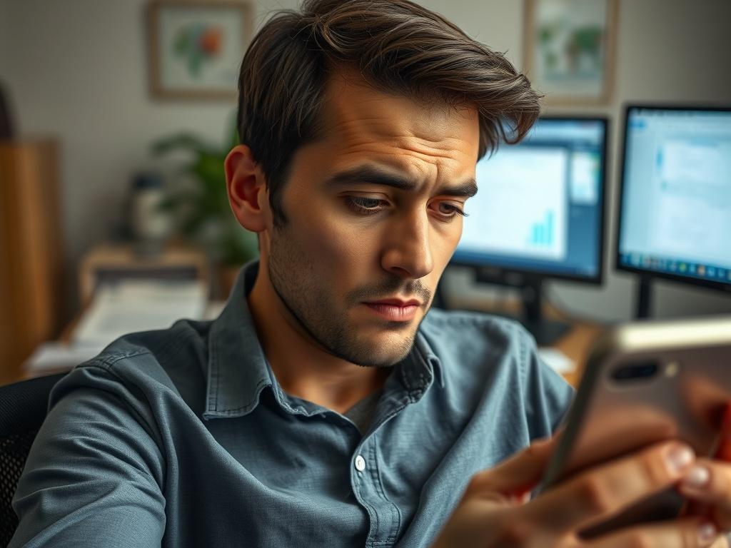A close-up shot of a concerned person looking at their phone, with a blurred background of a computer and documents, conveying the theme of understanding scams. The image should be hyper-realistic, shot with a 45mm f/1.2 lens, emphasizing the seriousness of the topic.
