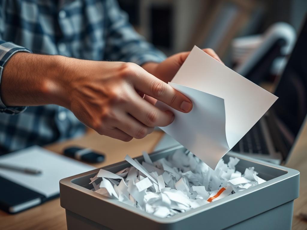 A close-up shot of a person shredding documents, symbolizing identity protection. The background should show a desk with a laptop and personal items, creating a hyper-realistic feel, shot with a 45mm f/1.2 lens.