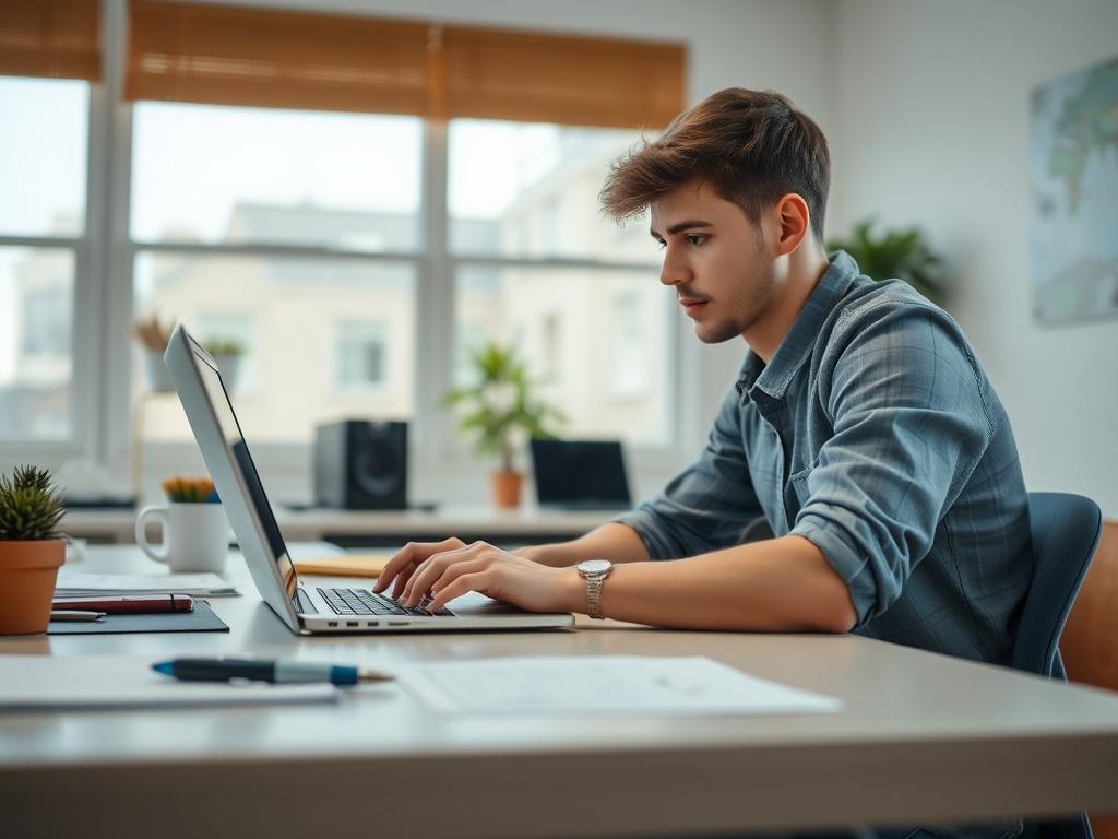 A close-up shot of a young Australian adult sitting at a desk, using a laptop to search for job opportunities. The workspace is organized and bright, reflecting a sense of determination and focus.