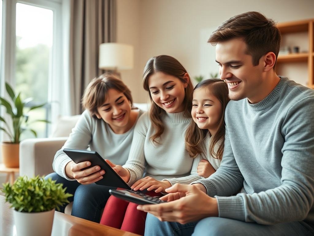 A close-up shot of a young family in a living room, happily discussing their household budget while looking at a financial calculator. The setting is warm and welcoming, reflecting a sense of togetherness and optimism.