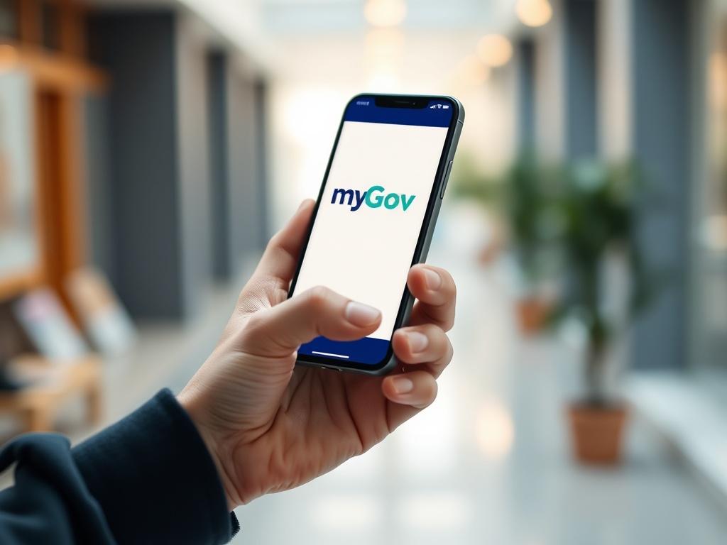 A close-up image of a hand holding a smartphone displaying the myGov app, with a bright and inviting background that conveys accessibility and ease of use.