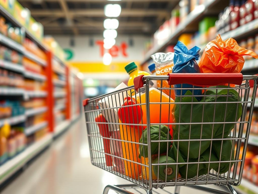 A close-up of a shopping cart filled with groceries, set in a bright supermarket aisle, symbolizing the everyday expenses that the Cost of Living Bonus will help alleviate.