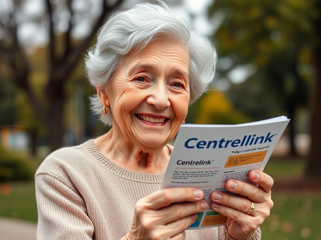 A close-up shot of a smiling elderly person holding a Centrelink pamphlet, with a soft, blurred background of a park to evoke a sense of community and support.