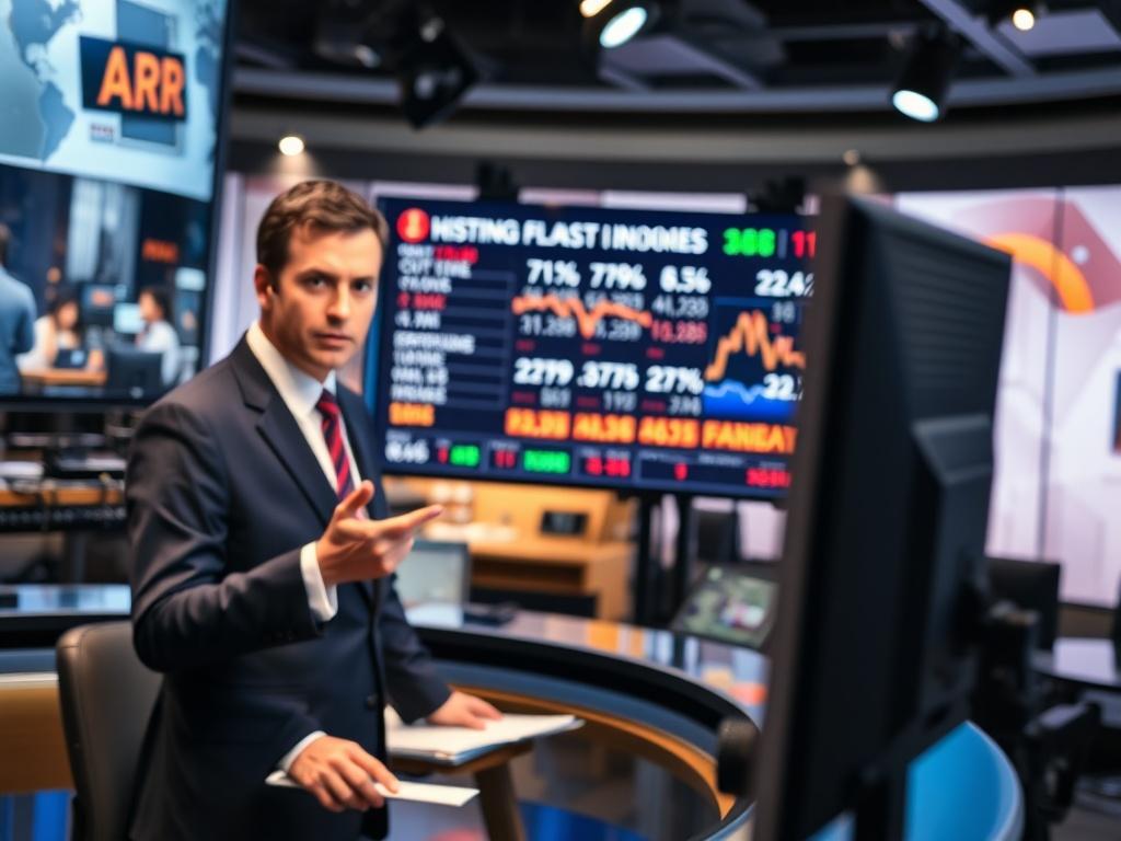 A high-resolution image of a news anchor presenting financial updates on a television screen, focusing on the anchor with a blurred newsroom background. The scene should convey a sense of professionalism and urgency, highlighting the importance of the news being presented.