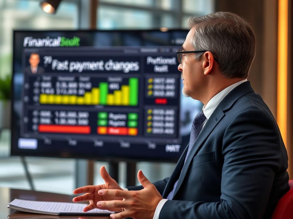 A high-resolution image of a financial expert discussing upcoming payment changes on a television screen, with a focus on the expert and a blurred studio background. The image should radiate professionalism and focus on financial planning.