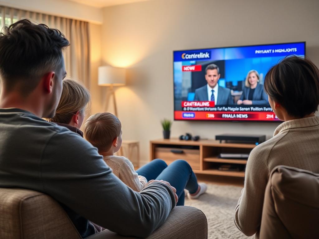 A high-resolution image of a family watching financial news on a television in their living room, conveying a sense of attentiveness and engagement. The television screen should display financial updates with a news anchor and graphics showing Centrelink payment highlights.