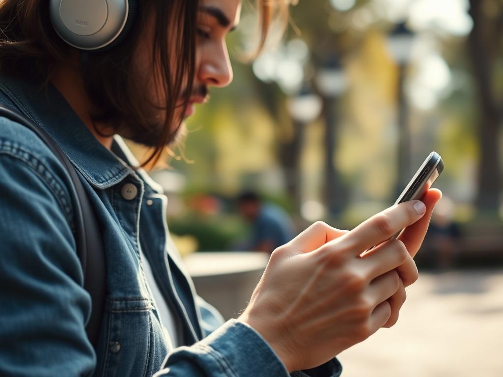 A close-up shot of a person using a smartphone to access government services online, with a soft-focus background showing a park or public space. The individual looks engaged and focused, portraying ease of use and accessibility. The image should have a warm, inviting atmosphere with natural light, captured with a 45mm f/1.2 lens style, ensuring clarity and detail.