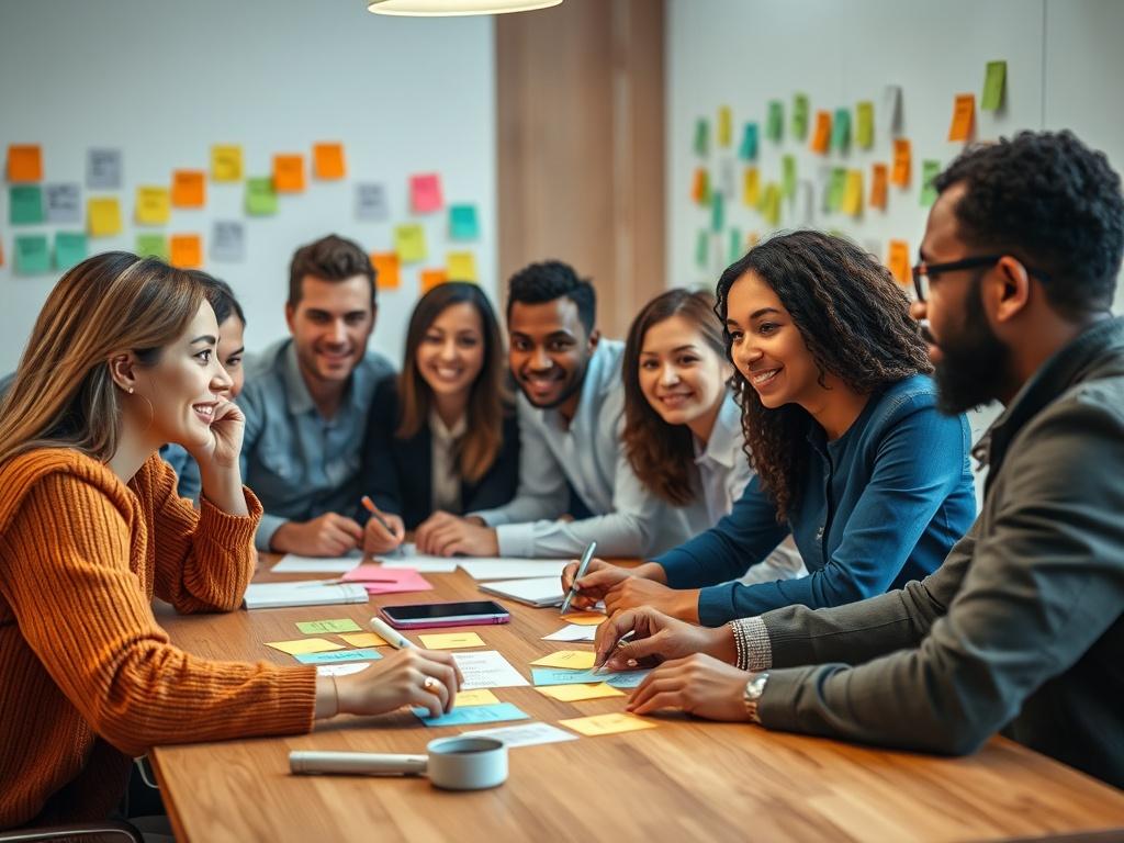 A close-up shot of a diverse team of employees engaging in a brainstorming session around a table. The background should feature colorful post-it notes and collaborative tools, emphasizing teamwork and innovation. The focus is on the diverse individuals working together harmoniously.