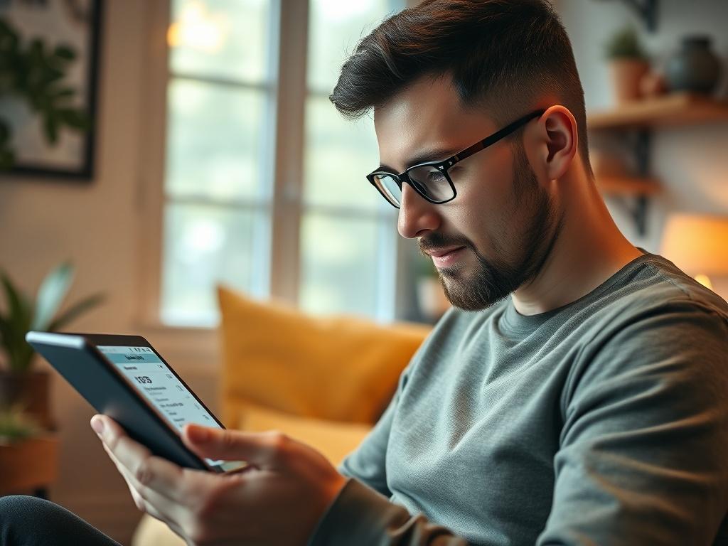 A close-up shot of a job seeker reviewing a list of job openings on a digital tablet in a cozy workspace. The background should depict a calm and inviting environment, emphasizing the job search process. The focus should be on the individual’s expression of hope and determination.