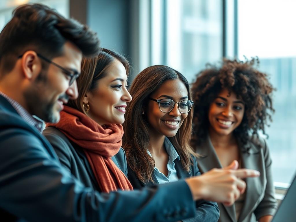 A close-up shot of a diverse group of professionals in an office setting, engaged in a discussion. The background shows a modern office environment with natural light. The focus is on the individuals, showcasing their determination and collaboration. The image should reflect a positive and inclusive workplace atmosphere.
