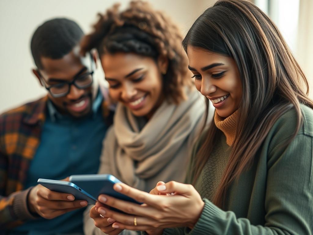 A close-up shot of a diverse group of individuals engaging with a digital device, representing the ease of accessing financial support services. The background is softly blurred to focus on the group, showcasing their expressions of determination and hope. The lighting is warm and inviting, emphasizing a sense of community and support. The colors align with the primary color rgb(122, 86, 4), enhancing the overall theme of assistance and connection.