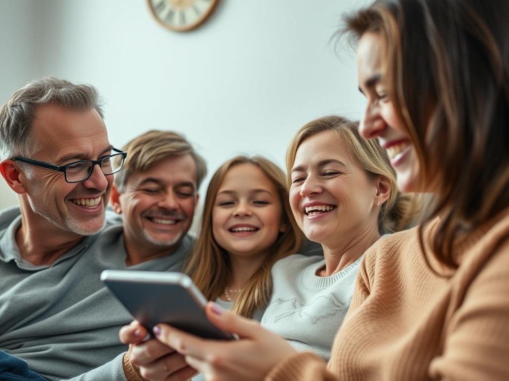 A close-up shot of a satisfied Australian family receiving a notification on their tablet about their Cost of Living Bonus, joyful expressions, cozy home environment.
