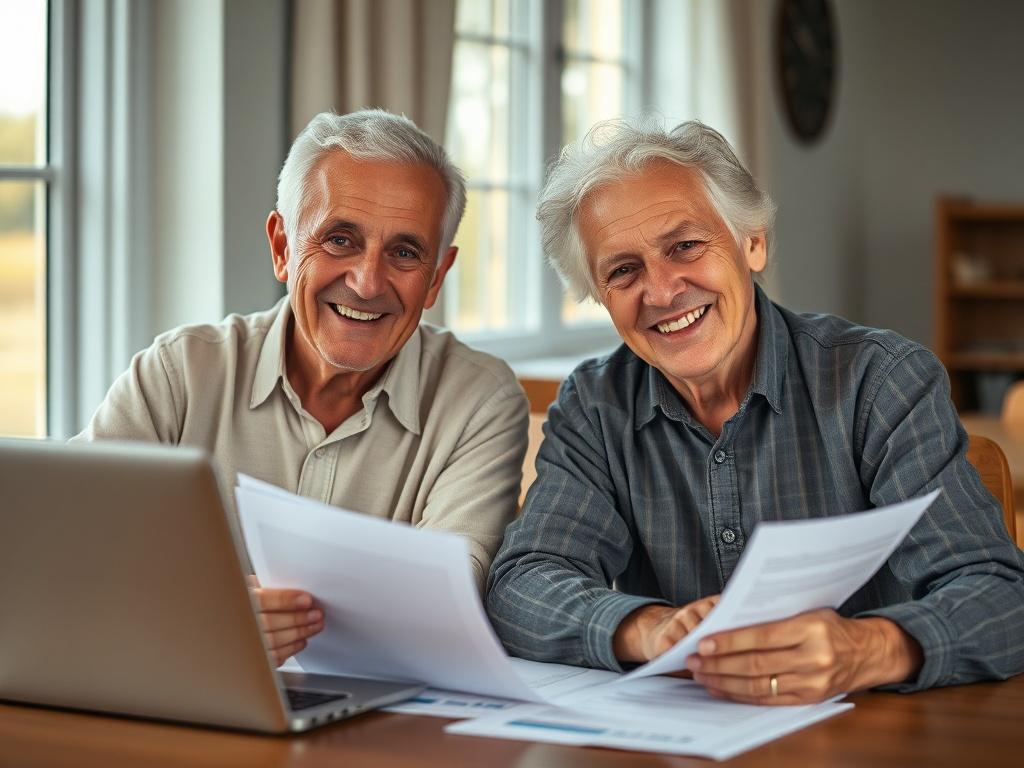 A close-up shot of an elderly Australian couple smiling together, sitting at a table with financial documents and a laptop, natural light illuminating their faces, warm and inviting atmosphere.
