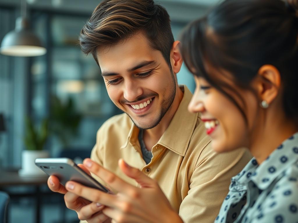 A close-up shot of a young job seeker in an office setting, looking relieved while examining a notification on their smartphone, bright and hopeful expression, modern workspace in the background.