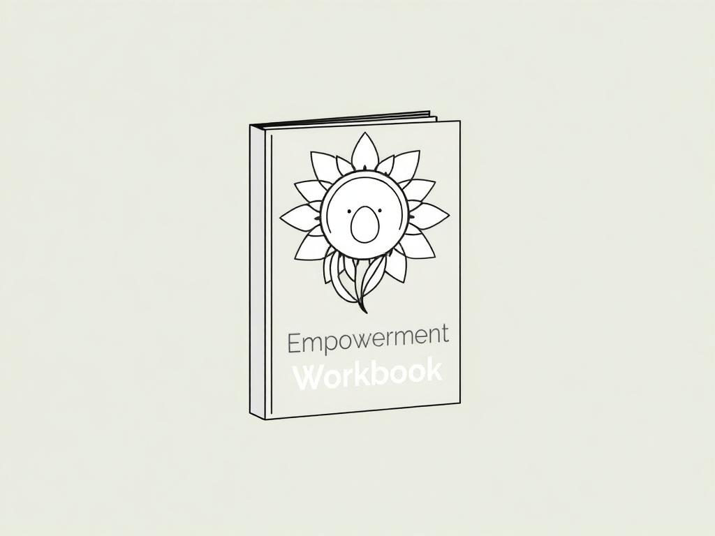 A high-quality illustration of a workbook cover featuring an abstract design symbolizing growth and empowerment. The illustration should be simple and clear, using solid black line drawing style, with the title 'Empowerment Workbook' prominently displayed.