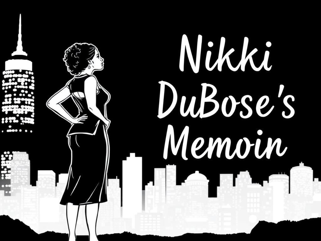 A high-quality illustration of a book cover featuring an artistic representation of a woman standing strong against a backdrop of city lights, symbolizing resilience and empowerment. The design should be simple and clear with a solid black line drawing style, showcasing the title 'Nikki DuBose's Memoir' prominently.