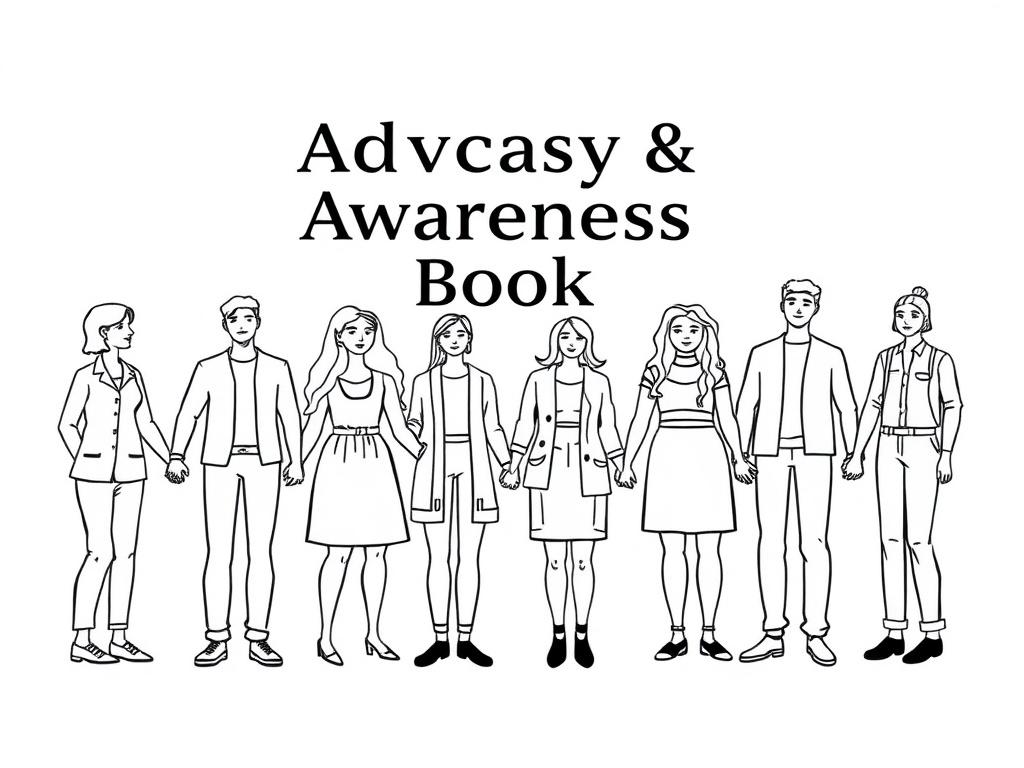 A high-quality illustration of a book cover featuring a diverse group of people holding hands, symbolizing unity and advocacy. The design should be simple and clear, rendered in a solid black line drawing style, with the title 'Advocacy & Awareness Book' prominently featured.