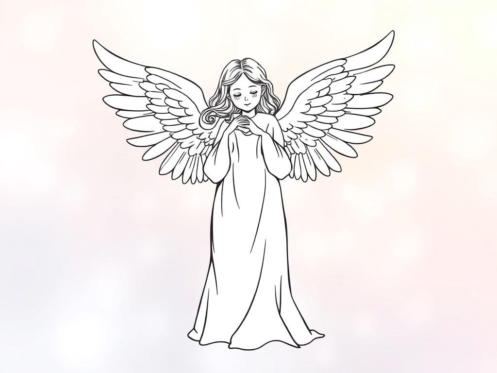 **AI Image Generation Prompt:**
Create a high-quality illustration of a serene angel standing gracefully against a softly blurred, ethereal background. The angel should be depicted with delicate wings, outstretched as if ready to embark on a compassionate mission. The subject should embody kindness, strength, and tranquility, with a gentle expression that evokes a feeling of peace and hope. 
Use crisp, solid black line drawing style to render the angel, ensuring the details, such as the intricate feather