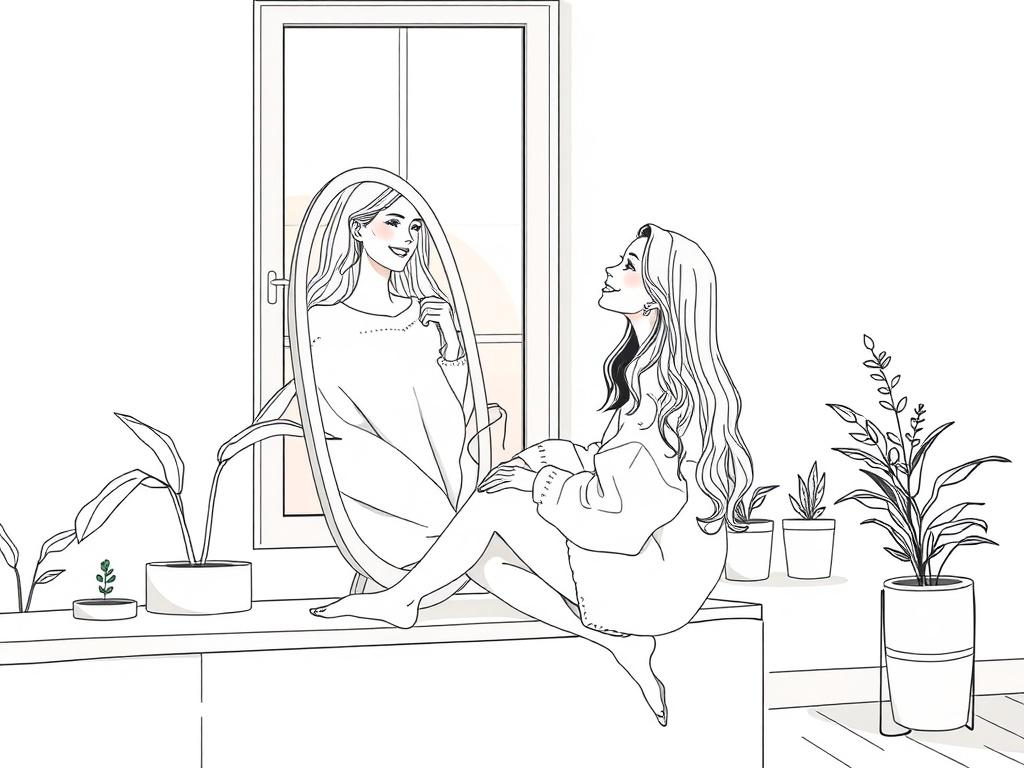 **Prompt for AI Image Generation**: 

Create a high-quality illustration showcasing a serene moment of self-love. The subject should be a young woman sitting gracefully on the edge of a minimalist, sunlit room, with soft natural light streaming in through a large window. The woman is looking at her reflection in a mirror with a warm and content smile, conveying a sense of inner peace and acceptance. She has long, flowing hair and is wearing a cozy, oversized sweater that adds to the comforting atmosphere. 

